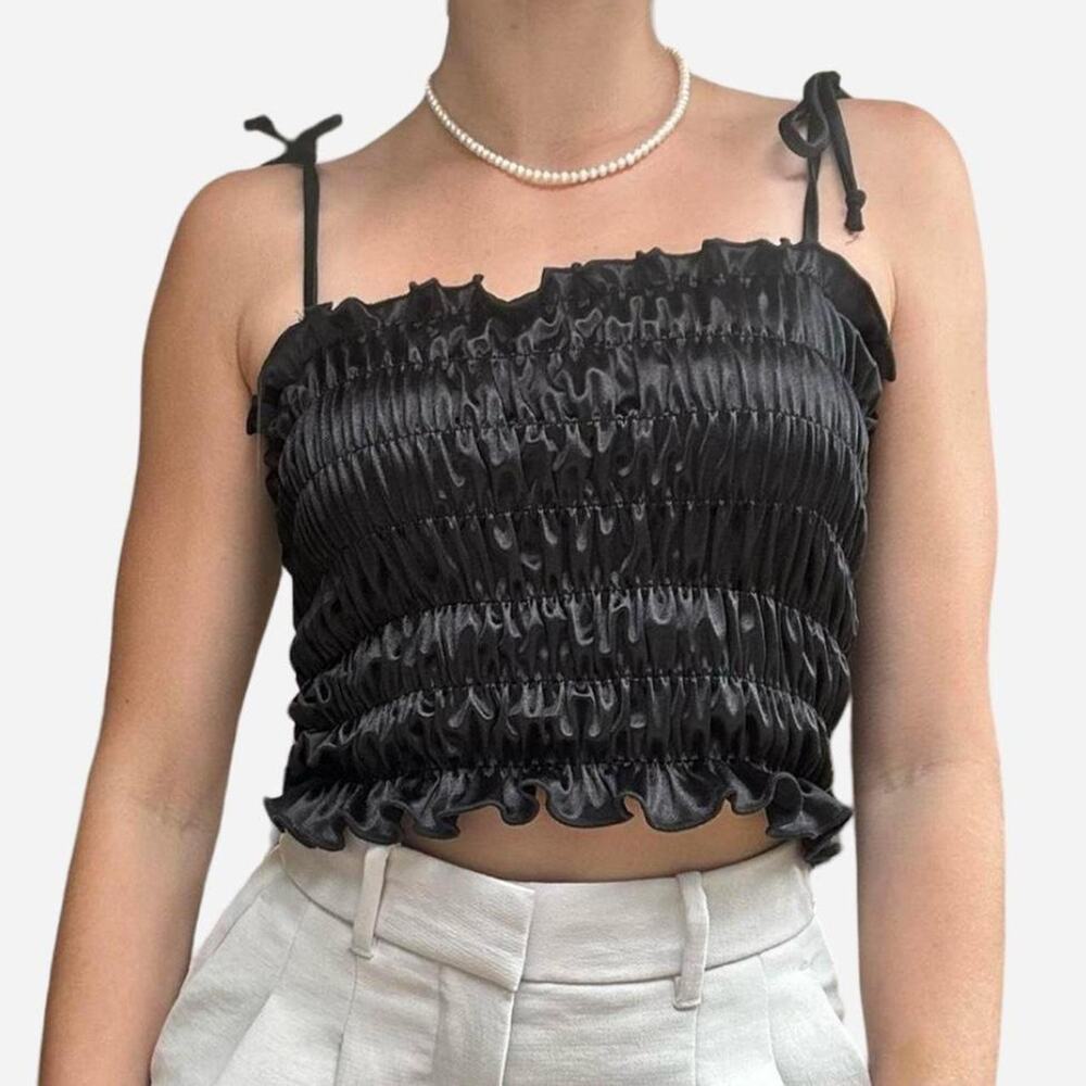 Heart & Hips black silky runched black tank top cropped going out - size small